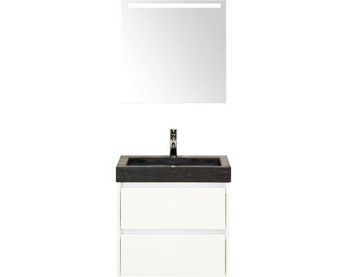 Kúpeľňový nábytkový set Dante 60 cm s umývadlom z prírodného kameňa a zrkadlom s LED osvetlením biela vysoko lesklá
