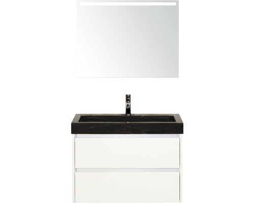 Kúpeľňový nábytkový set Dante 80 cm s umývadlom z prírodného kameňa a zrkadlom s LED osvetlením biela vysoko lesklá Kúpeľňový nábytkový set Dante 80 cm s umývadlom z prírodného kameňa a zrkadlom s LED osvetlením biela vysoko lesklá