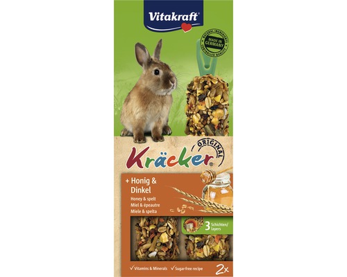 Maškrty pre králiky Vitakraft Kräcker s medom 2 ks 112 g Vitakraft Kräcker s medom a špaldou pre malé zvieratá, balenie s obrázkom králika a maškrty Kräcker