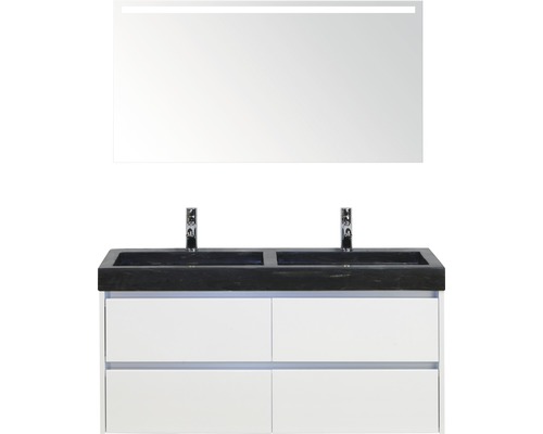 Kúpeľňový nábytkový set Dante 120 cm s dvojitým umývadlom z prírodného kameňa a zrkadlom s LED osvetlením biela vysoko lesklá Kúpeľňový nábytkový set Dante 120 cm s dvojitým umývadlom z prírodného kameňa a zrkadlom s LED osvetlením biela vysoko lesklá
