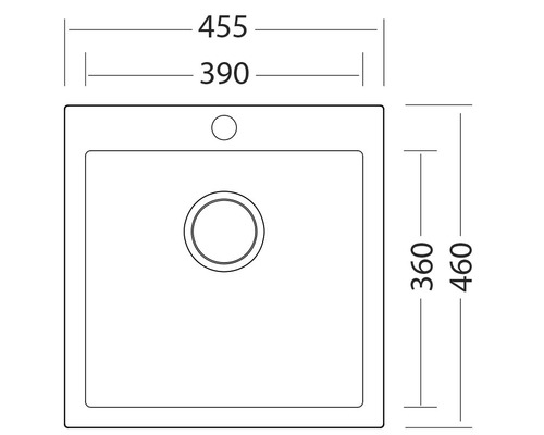 Technický nákres drezu s rozmermi: šírka 455 mm, hĺbka 460 mm, umiestnenie umývadla vľavo.