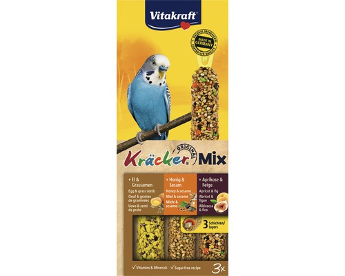 Maškrty pre andulky Vitakraft Kräcker med, vajcia, ovocie 3 ks 80 g Vitakraft Kräcker Mix krmivo pre vtáky s vajcom, trávnymi semenami, medom, sezamom, marhuľou a figou