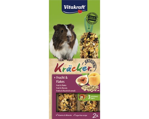 Maškrty pre morčatá Vitakraft Kräcker s ovocím 2 ks 112 g Vitakraft Kräcker Original krmivo pre morčatá s ovocím a vločkami, receptúra bez cukru, 2 kusy