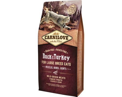 Krmivo pre mačky Carnilove CAT Duck & Turkey pre Adult Large Cats 6kg Carnilove suché krmivo pre mačky s kačicou a moriakom pre veľké plemená mačiek v balení