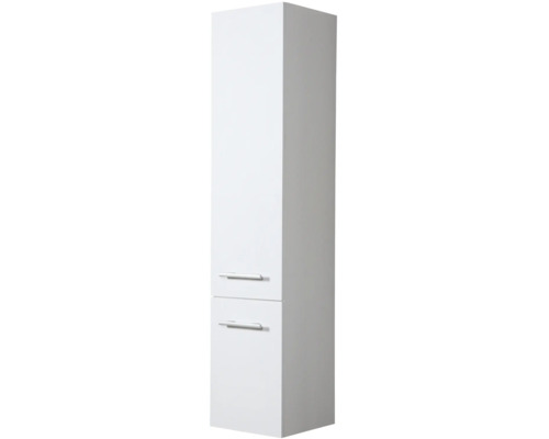 Biela kúpeľňová vysoká skrinka s dvoma zásuvkami a úchytkami
