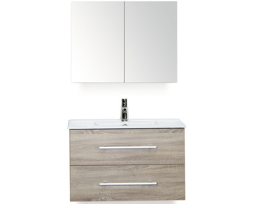 Kúpeľňový nábytkový set Stretto 80 cm s keramickým umývadlom a zrkadlovou skrinkou dub sivý Kúpeľňový nábytkový set Stretto 80 cm s keramickým umývadlom a zrkadlovou skrinkou dub sivý