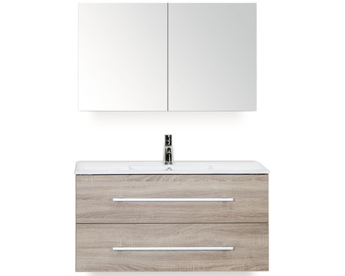 Kúpeľňový nábytkový set Stretto 100 cm s keramickým umývadlom a zrkadlovou skrinkou dub sivý Kúpeľňový nábytkový set Stretto 100 cm s keramickým umývadlom a zrkadlovou skrinkou dub sivý