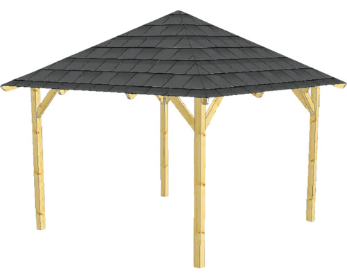 Drevený záhradný pavilón s čiernou škridlovou strechou