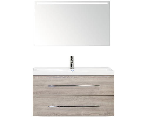 Kúpeľňový nábytkový set Straight 100 cm s umývadlom a zrkadlom s LED osvetlením dub sivý
