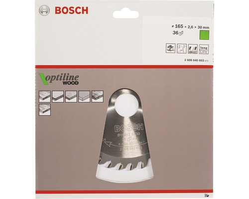 Pílový kotúč Bosch Optiline Wood s priemerom 165x2,6x30 milimetrov v balení