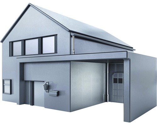 Pohľad na moderný dom s garážou a záhradou