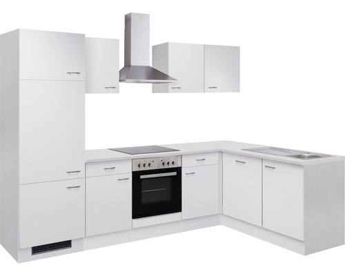 Kompletná biela vstavaná kuchyňa s drezom, sporákom, rúrou, digestorom a skrinkami