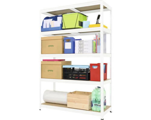 Štvorposchodový biely kovový regál s rôznymi úložnými boxami a kancelárskymi potrebami