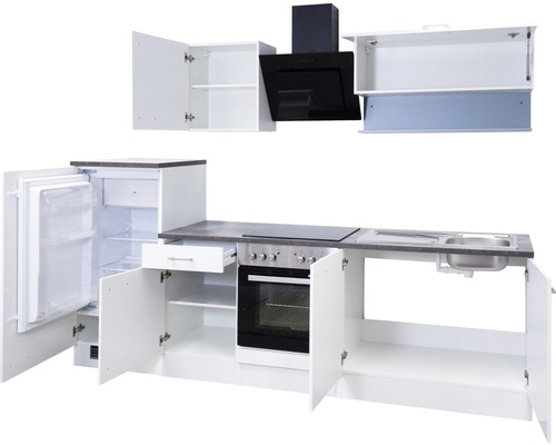 Kuchynská linka s chladničkou, drezom, sporákom, rúrou a digestorom