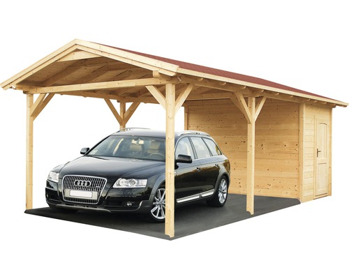 Drevený prístrešok pre auto s kôlňou na náradie a autom