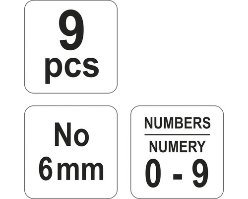 Informácie o produkte: 9 kusov, číslo 6 milimetrov, čísla 0 až 9