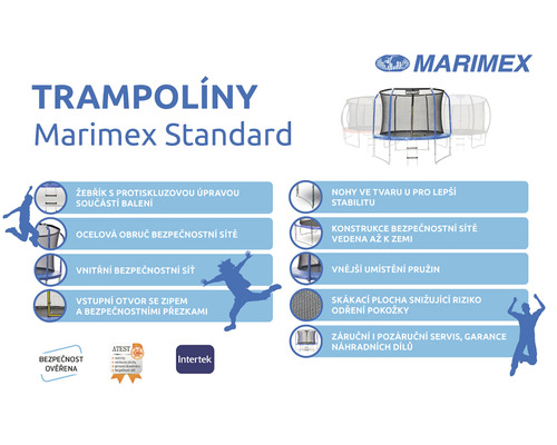 Trampolína Marimex Standard s ochrannou sieťou a súvisiacimi informáciami o produkte