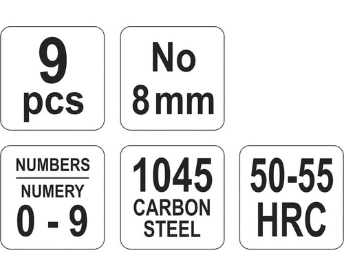 Informácie o vlastnostiach vrtáka: 9 kusov, číslo 8 milimetrov, čísla 0 až 9, uhlíková oceľ 1045, 50 – 55 HRC