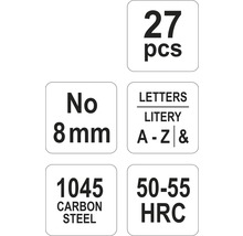 Informácie: 27 kusov, písmeno číslo 8 mm, písmená A až Z a ampersand, uhlíková oceľ 1045, 50 až 55 HRC