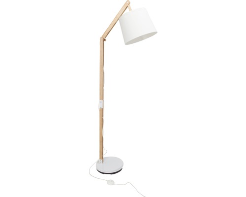 Stojaca lampa s dreveným rámom a tienidlom
