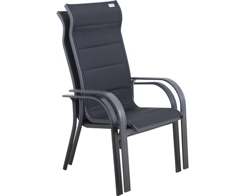 Záhradná stolička s vysokým operadlom a podrúčkami, stohovateľná