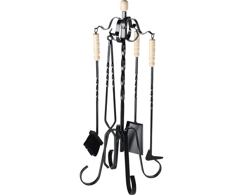 Krbové náradie Haas & Sohn Olymp 4-dielne Súprava krbového náradia zo železa s drevenými rukoväťami, pozostávajúca z lopatky, metly, kutáča a klieští