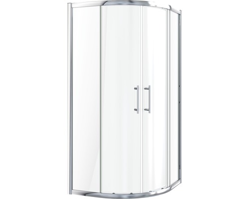 Zaoblený sprchovací kút so sklenenými dverami a kovovým rámom