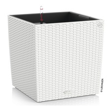 Biely, štvorcový kvetináč so zavlažovacím systémom a ukazovateľom hladiny vody