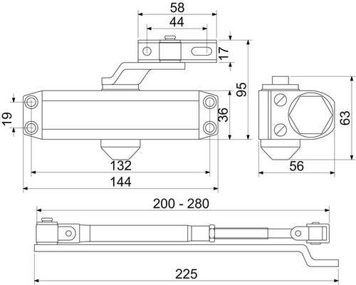 Technický nákres dverového zatvárača s rozmermi