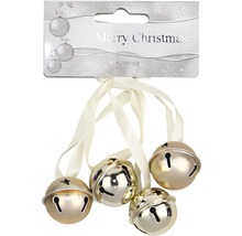 Štyri vianočné zvončeky ako ozdoby na vianočný stromček so stuhami