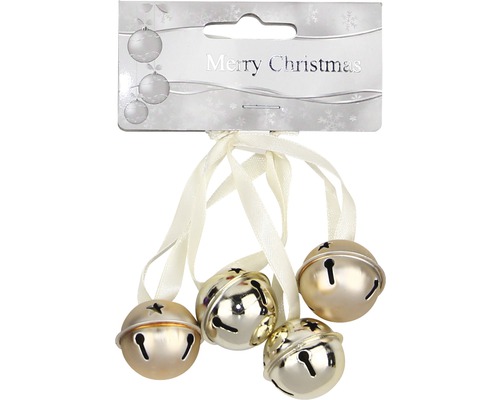 Rolnička zlatá Ø3 cm 4 ks Štyri vianočné zvončeky ako ozdoby na vianočný stromček so stuhami
