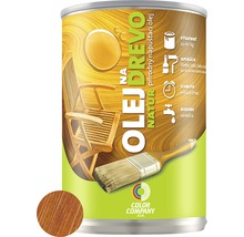 Olej na drevo v plechovke so štetcom a vzorkou farby dreva