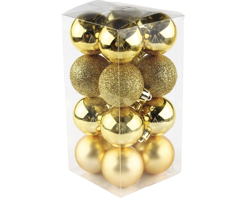 Vianočné ozdoby plastové gule Ø4 cm 16 ks zlaté Balenie zlatých vianočných gúľ v rôznych prevedeniach