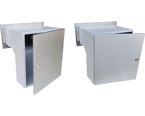 Nerezová nástenná skrinka s dvierkami v otvorenom a zatvorenom stave.