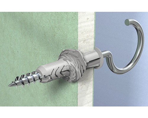 Upevnená hmoždinka so skrutkovacím hákom v stene