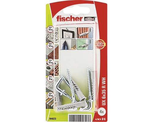 Univerzálna hmoždinka Fischer UX 6x35 so skobou 4 ks Fischer univerzálna hmoždinka UX 6x35 R WH v blistri