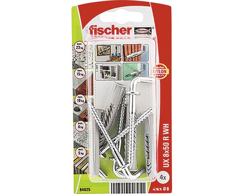 Univerzálna hmoždinka Fischer UX 8x50 so skobou 4 ks Fischer univerzálna hmoždinka UX 8 x 50 milimetrov s háčikmi, 4 kusy