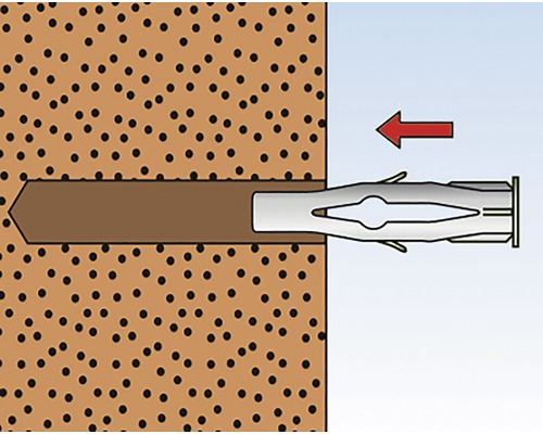 Ilustrácia inštalácie hmoždinky do steny s červenou šípkou