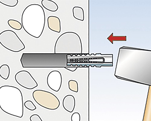 Obrázok znázorňuje inštaláciu hmoždinky kladivom do steny.