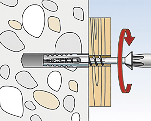 Zobrazenie skrutky upevnenej do hmoždinky v kamennej stene.