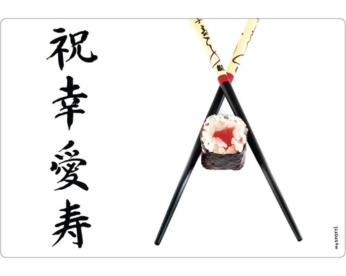 Obkladový panel do kuchyne mySPOTTI pop Sushi 41x59 cm Sushi Maki medzi paličkami s japonskými znakmi
