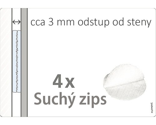 Vzdialenosť približne 3 mm od steny so štyrmi suchými zipsami