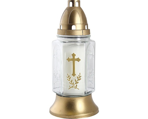 Náhrobná lampa sklenená zlatý kríž 200 g biela
