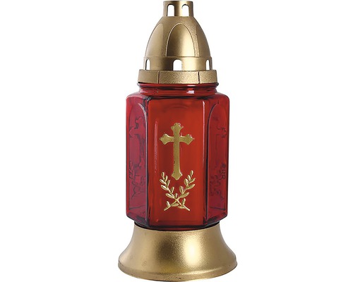 Náhrobná lampa sklenená zlatý kríž 200 g červená