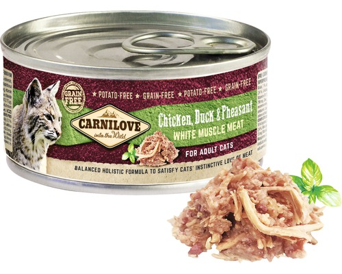 Carnilove vlhké krmivo pre mačky s kuracím, kačacím a bažantím mäsom v otvorenej nádobe.