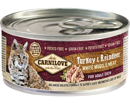 Konzerva pre mačky Carnilove Turkey & Reindeer 100 g Carnilove mokré krmivo pre mačky s morčacím a sobím mäsom v konzerve