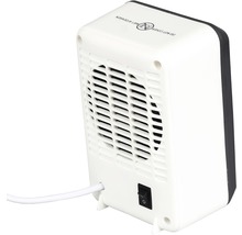 Pohľad zozadu na ohrievač ventilátora pre vnútorné použitie s vypínačom a výstražným symbolom pre horúce povrchy