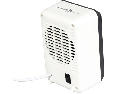 Pohľad zozadu na ohrievač ventilátora pre vnútorné použitie s vypínačom a výstražným symbolom pre horúce povrchy