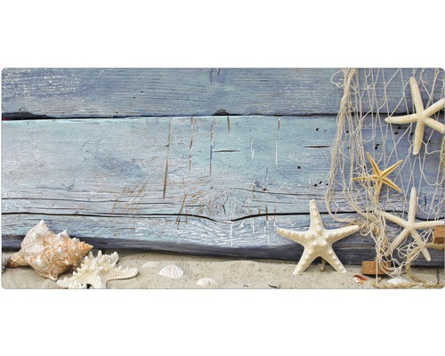 Obklad do kúpeľne mySPOTTI aqua Seashell 90x45 cm Dekoratívne hviezdice s mušľami a rybárskou sieťou pred drevenou stenou