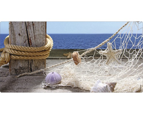 Obklad do kúpeľne mySPOTTI aqua Sea view 90x45 cm Dekoratívna scéna s dreveným stĺpikom, lanom, rybárskou sieťou, hviezdicou a mušľami na pozadí mora